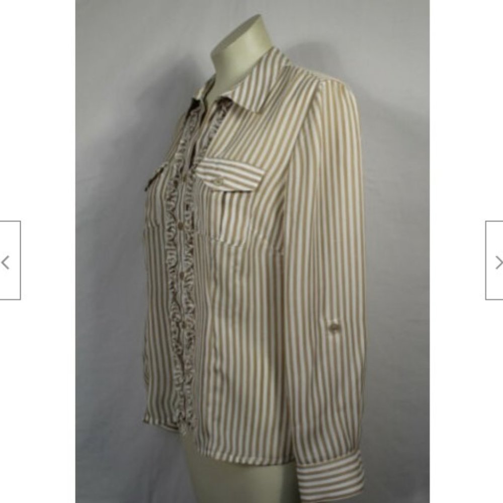 Kathy Che Tan + White Stripe Blouse Ruffle Trim M - Picture 3 of 5